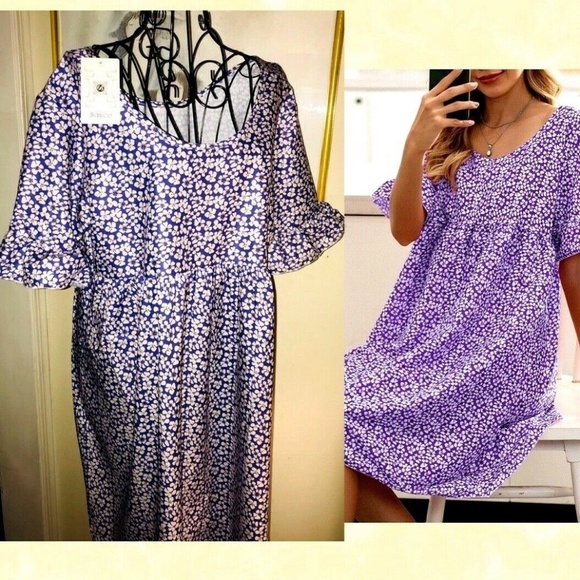 BASICO PURPLE DAISY PRINT EMPIRE WAIST DRESS~XL - Picture 1 of 6